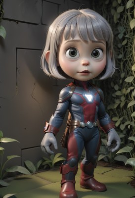 1girl,solo,looking at viewer,short hair,bangs,gloves,closed mouth,green eyes,standing,full body,white hair,grey hair,boots,parted lips,belt,artist name,white gloves,black eyes,lips,grey eyes,bodysuit,leaf,bob cut,plant,red footwear,child,pouch,black bodysuit,female child,brown belt,superhero,blue bodysuit,1boy,chibi,realistic