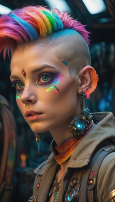 1girl,solo,looking at viewer,short hair,blue eyes,jewelry,closed mouth,green eyes,blue hair,jacket,upper body,pink hair,multicolored hair,earrings,parted lips,choker,dark skin,hood,necklace,blurry,vest,two-tone hair,lips,streaked hair,eyelashes,gradient hair,makeup,depth of field,blurry background,facial mark,piercing,hood down,lipstick,gem,ear piercing,portrait,androgynous,eyeshadow,zipper,freckles,science fiction,asymmetrical hair,realistic,nose,red lips,eyeliner,facepaint,very short hair,facial tattoo,forehead jewel,cyborg,mascara,mohawk,cyberpunk,rainbow hair,blonde hair,green hair,teeth,artist name,signature,mole,from side,open jacket,looking to the side,web address,brown jacket,pink lips,unzipped,cable,undercut