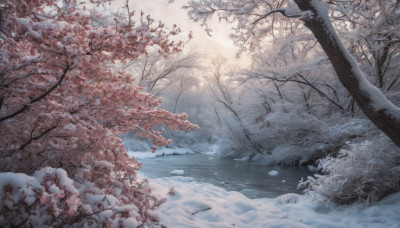 outdoors, sky, tree, no humans, cherry blossoms, nature, scenery, snow, winter, bare tree, landscape