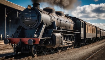 weapon,outdoors,sky,day,cloud,blue sky,military,no humans,ground vehicle,motor vehicle,smoke,cannon,military vehicle,tank,vehicle focus,train,caterpillar tracks,railroad tracks,gun,realistic,machine gun