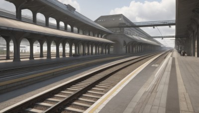 1girl,black hair,outdoors,sky,day,cloud,cloudy sky,ground vehicle,building,scenery,road,bridge,train,train station,railroad tracks,multiple boys,blue sky,no humans,helmet,architecture,multiple others,ambiguous gender