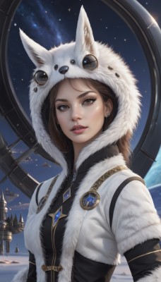 1girl,solo,long hair,breasts,looking at viewer,brown hair,animal ears,brown eyes,jewelry,upper body,earrings,parted lips,sky,hood,lips,coat,fur trim,eyelashes,makeup,brooch,gem,star (sky),snow,starry sky,animal hood,realistic,nose,winter clothes,red lips,stud earrings,space,planet,small breasts,teeth,hood up,spacecraft,pelt