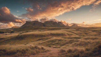 outdoors,sky,day,cloud,blue sky,no humans,cloudy sky,grass,nature,scenery,sunset,mountain,road,field,landscape,mountainous horizon,hill,sunlight,sand,desert