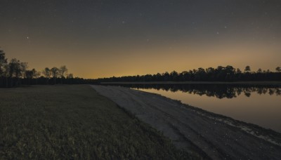 outdoors,sky,water,tree,no humans,night,grass,star (sky),nature,night sky,scenery,forest,starry sky,sunset,road,river,gradient sky,path,reflection,lake