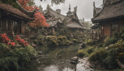 outdoors, sky, day, water, tree, no humans, leaf, grass, plant, building, scenery, rock, stairs, architecture, house, east asian architecture, shrine