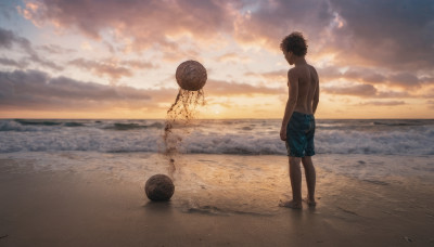 solo, black hair, 1boy, hat, standing, male focus, outdoors, sky, shorts, barefoot, cloud, signature, water, from behind, ocean, beach, cloudy sky, scenery, blue shorts, topless male, sunset, sand, straw hat, horizon, male swimwear, swim trunks, footprints