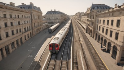 1girl,black hair,outdoors,sky,day,no humans,ground vehicle,building,scenery,motor vehicle,city,car,road,cityscape,bridge,vehicle focus,street,train,railroad tracks,real world location,realistic,train station,truck,vanishing point