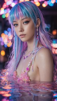 1girl,solo,long hair,breasts,looking at viewer,bangs,blue eyes,jewelry,blue hair,swimsuit,upper body,pink hair,bikini,multicolored hair,earrings,small breasts,parted lips,blunt bangs,water,necklace,blurry,two-tone hair,lips,eyelashes,depth of field,blurry background,partially submerged,realistic,nose,pink bikini,pool,cleavage,bare shoulders,medium breasts,artist name,signature,wet,watermark,web address,bokeh