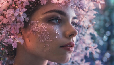 1girl, solo, blue eyes, brown hair, flower, parted lips, blurry, lips, eyelashes, depth of field, blurry background, looking away, sunlight, cherry blossoms, portrait, close-up, pink flower, freckles, realistic, nose, dappled sunlight