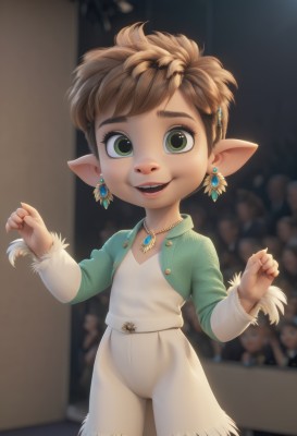 1girl,solo,looking at viewer,smile,short hair,open mouth,brown hair,hair ornament,long sleeves,jewelry,green eyes,:d,earrings,teeth,solo focus,pointy ears,hairclip,necklace,blurry,blurry background,upper teeth only,gem,child,pendant,white pants,female child,male child,dancing,lalafell,shirt,jacket,cowboy shot,pants,artist name,flat chest,lips,hands up,thick eyebrows,feathers,messy hair,green jacket,feather hair ornament