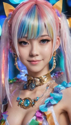 1girl,solo,long hair,breasts,looking at viewer,smile,bangs,blue eyes,blonde hair,hair ornament,cleavage,bare shoulders,twintails,jewelry,medium breasts,closed mouth,blue hair,collarbone,upper body,pink hair,multicolored hair,earrings,choker,armpits,necklace,blurry,two-tone hair,lips,streaked hair,grey eyes,eyelashes,makeup,gem,realistic,nose,mascara,swimsuit,white hair,bikini,portrait