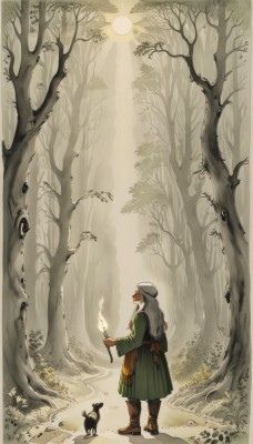 1girl,solo,long hair,long sleeves,hat,dress,holding,standing,white hair,grey hair,boots,outdoors,from side,tree,profile,animal,white headwear,brown footwear,sunlight,grass,fire,nature,scenery,forest,green dress,wide shot,flame,plant,sun,mouse,bare tree