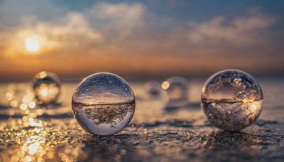 outdoors, sky, cloud, blurry, no humans, depth of field, blurry background, cloudy sky, scenery, sunset, sun, planet, orb