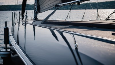 outdoors,sky,day,water,blurry,no humans,depth of field,shadow,ocean,scenery,watercraft,vehicle focus,ship,boat,cloud,cloudy sky,reflection,mountain,aircraft,lake,dock