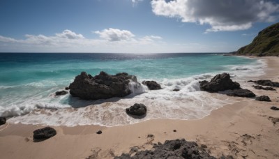 outdoors,sky,day,cloud,water,blue sky,no humans,ocean,beach,cloudy sky,scenery,rock,sand,horizon,waves,shore