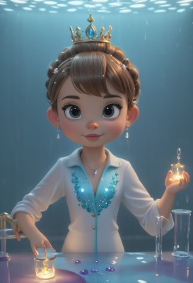 1girl,solo,looking at viewer,blush,smile,short hair,brown hair,shirt,long sleeves,holding,brown eyes,jewelry,closed mouth,white shirt,upper body,earrings,artist name,water,necklace,black eyes,cup,lips,fingernails,wet,glowing,watermark,table,tiara,crown,gem,child,web address,drinking glass,partially submerged,light rays,glint,female child,straight-on,bangs,makeup,freckles,bubble,underwater,candle