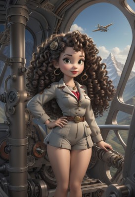 1girl,solo,long hair,breasts,looking at viewer,smile,brown hair,long sleeves,brown eyes,jewelry,medium breasts,standing,jacket,thighs,earrings,sky,shorts,day,belt,cloud,necklace,uniform,blue sky,lips,hand on hip,military,short shorts,military uniform,makeup,lipstick,science fiction,curly hair,hoop earrings,white shorts,mountain,aircraft,red lips,airplane,big hair,spacecraft,airship,shirt,closed mouth,outdoors,artist name,buttons,feet out of frame,wavy hair,grey jacket