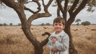 solo,looking at viewer,smile,short hair,brown hair,shirt,long sleeves,1boy,holding,brown eyes,standing,white shirt,upper body,male focus,outdoors,parted lips,sky,day,cloud,blurry,tree,blurry background,cloudy sky,child,nature,headwear removed,realistic,male child,bare tree,baby,grey sky,teeth,cup,grass,robe