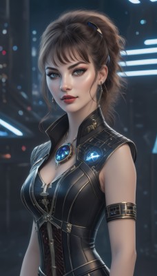 1girl,solo,long hair,breasts,looking at viewer,bangs,blue eyes,brown hair,cleavage,jewelry,medium breasts,upper body,ponytail,earrings,parted lips,sleeveless,necklace,blurry,lips,grey eyes,makeup,blurry background,lipstick,gem,corset,armlet,pendant,eyeshadow,nose,red lips,eyeliner,hair ornament,dress,closed mouth,artist name,realistic