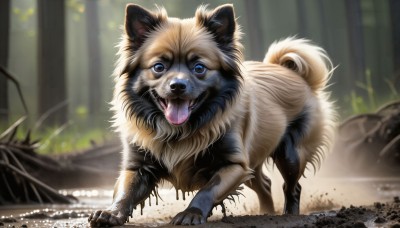 HQ,solo,looking at viewer,open mouth,blue eyes,full body,outdoors,day,tongue,tongue out,blurry,no humans,depth of field,blurry background,animal,nature,forest,dog,realistic,animal focus,standing,signature,fangs