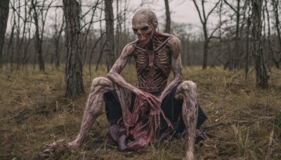 solo,looking at viewer,1boy,sitting,male focus,outdoors,shorts,barefoot,tree,blood,black shorts,grass,nature,forest,skull,bald,on ground,ribs,skeleton,bare tree,zombie,bone,death,horror (theme),guro,corpse,teeth,blurry,no humans,monster