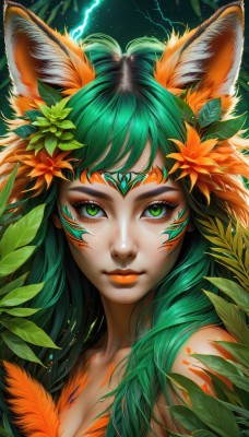 1girl,solo,long hair,breasts,looking at viewer,smile,bangs,hair ornament,animal ears,cleavage,bare shoulders,medium breasts,closed mouth,green eyes,collarbone,upper body,flower,green hair,artist name,hair flower,lips,animal ear fluff,fox ears,eyelashes,makeup,leaf,watermark,facial mark,feathers,lipstick,portrait,web address,eyeshadow,freckles,nose,electricity,facepaint,lightning,orange flower,signature,plant,fantasy,eyeliner