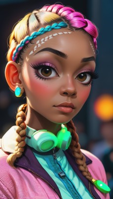 1girl,solo,long hair,looking at viewer,blonde hair,brown hair,brown eyes,jewelry,closed mouth,blue hair,jacket,upper body,pink hair,braid,multicolored hair,earrings,dark skin,blurry,twin braids,two-tone hair,dark-skinned female,lips,eyelashes,makeup,blurry background,headphones,thick eyebrows,lipstick,portrait,eyeshadow,zipper,freckles,nose,eyeliner,pink jacket,headphones around neck,mascara,multiple braids,blush,artist name,signature,streaked hair,aqua hair,goggles,hair over shoulder,multicolored clothes,forehead,pink lips,purple jacket,multicolored jacket,very dark skin,two-tone jacket,dreadlocks