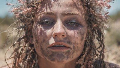 1girl,solo,long hair,looking at viewer,brown hair,brown eyes,flower,outdoors,parted lips,teeth,day,blurry,lips,depth of field,blurry background,portrait,realistic,branch,dappled sunlight,dirty,dirty face,male focus,messy hair,close-up