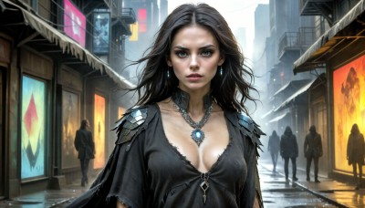 HQ,1girl,long hair,breasts,looking at viewer,blue eyes,black hair,dress,cleavage,jewelry,medium breasts,collarbone,upper body,earrings,outdoors,parted lips,multiple boys,solo focus,necklace,cape,armor,black dress,lips,grey eyes,torn clothes,no bra,makeup,fire,shoulder armor,building,gem,breasts apart,pendant,walking,6+boys,pauldrons,city,realistic,nose,fantasy,road,street,crowd,wind,rain