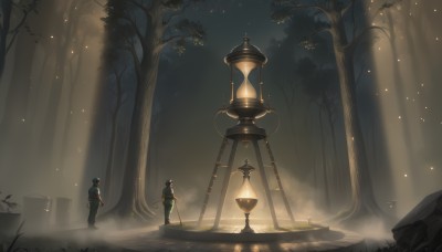 1girl,black hair,1boy,hat,holding,standing,outdoors,multiple boys,pants,2boys,from behind,tree,night,grass,nature,scenery,light particles,forest,lantern,light,fog,male focus,helmet,walking,lamppost