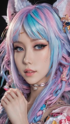 1girl,solo,long hair,looking at viewer,smile,bangs,blue eyes,simple background,hair ornament,animal ears,jewelry,blue hair,pink hair,braid,multicolored hair,parted lips,food,teeth,choker,artist name,cat ears,necklace,two-tone hair,lips,animal ear fluff,eyelashes,aqua hair,gradient hair,makeup,fruit,own hands together,black background,portrait,freckles,realistic,nose,mascara,flower,virtual youtuber,streaked hair,fox ears,wolf ears,circlet