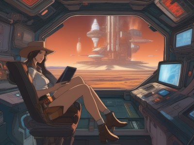 1girl,solo,long hair,breasts,looking at viewer,smile,skirt,brown hair,shirt,black hair,hat,holding,brown eyes,medium breasts,sitting,closed mouth,full body,white shirt,short sleeves,boots,sky,shorts,socks,collared shirt,high heels,chair,brown footwear,crossed legs,scenery,high heel boots,science fiction,sunset,brown skirt,aircraft,brown headwear,ankle boots,computer,monitor,planet,cowboy hat,spacecraft,tablet pc,cockpit,indoors,from side,window,ocean,horizon,playing games