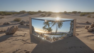 outdoors,sky,day,water,tree,blue sky,no humans,ocean,beach,sunlight,scenery,sunset,rock,sand,palm tree,sun,horizon,shore,desert,cloud,shadow