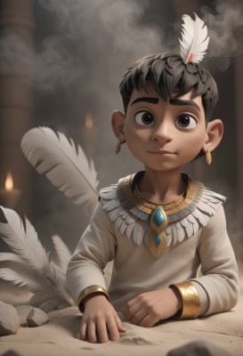 solo,looking at viewer,smile,short hair,shirt,black hair,hair ornament,long sleeves,1boy,brown eyes,jewelry,closed mouth,upper body,male focus,earrings,dark skin,necklace,blurry,blurry background,dark-skinned male,thick eyebrows,feathers,child,smoke,freckles,candle,feather hair ornament,male child,white feathers,dust,rock