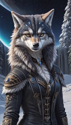 1girl,solo,breasts,looking at viewer,long sleeves,animal ears,brown eyes,jewelry,closed mouth,jacket,yellow eyes,upper body,outdoors,sky,armor,tree,coat,black jacket,orange eyes,fur trim,night,animal,fangs,moon,brooch,gem,star (sky),night sky,furry,snow,starry sky,black coat,furry female,body fur,white fur,winter,wolf,pine tree,braid,space,planet