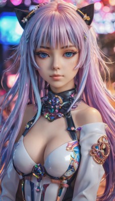 1girl,solo,long hair,breasts,looking at viewer,bangs,blue eyes,hair ornament,animal ears,cleavage,bare shoulders,medium breasts,closed mouth,upper body,pink hair,purple hair,multicolored hair,detached sleeves,artist name,cat ears,blurry,lips,eyelashes,blurry background,realistic,long sleeves,blunt bangs,leotard,depth of field,headgear,expressionless,freckles,nose,bokeh