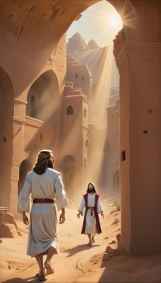 long hair,brown hair,black hair,long sleeves,standing,male focus,outdoors,multiple boys,sky,barefoot,day,2boys,from behind,facial hair,sunlight,building,scenery,beard,walking,robe,light rays,sand,arms at sides,sun,facing away,sunbeam,ruins,pillar,tunic,white robe,desert,dirty feet,hood,sandals,aged down,mountain,animification