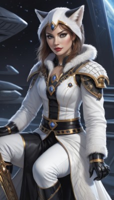 1girl,solo,long hair,breasts,looking at viewer,brown hair,gloves,long sleeves,animal ears,cleavage,brown eyes,jewelry,medium breasts,sitting,closed mouth,earrings,boots,black gloves,belt,pants,artist name,cat ears,signature,hood,armor,lips,coat,fur trim,makeup,knee boots,lipstick,shoulder armor,gauntlets,gem,pelvic curtain,eyeshadow,white pants,white coat,winter clothes,red lips,space,planet,earth (planet),blush,smile,sky,official alternate costume,black pants,star (sky),hood up,starry sky,animal hood,nose,hooded coat,cat hood,spacecraft