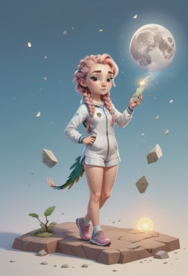 1girl,solo,long hair,looking at viewer,blush,smile,long sleeves,holding,brown eyes,closed mouth,standing,jacket,tail,full body,pink hair,braid,shoes,shorts,socks,artist name,hood,twin braids,lips,hand on hip,short shorts,hoodie,phone,moon,thick eyebrows,hood down,cellphone,sneakers,child,hair over shoulder,full moon,freckles,hand in pocket,dragon tail,sun,candle,scales,stone,body freckles,breasts,simple background,small breasts,blue background,white socks,forehead,white shorts,nose,pink footwear,planet,coin,white hoodie