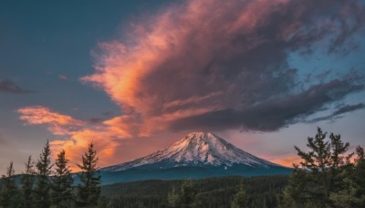 outdoors,sky,cloud,tree,blue sky,no humans,cloudy sky,grass,nature,scenery,forest,sunset,mountain,twilight,evening,landscape,mountainous horizon,gradient sky,orange sky,pine tree,water,night,star (sky),night sky,starry sky,horizon,lake