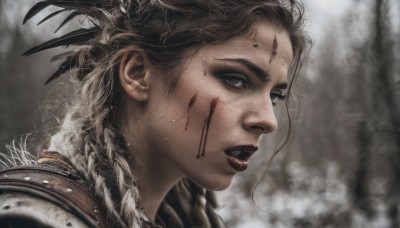 1girl,solo,long hair,looking at viewer,open mouth,brown hair,black hair,hair ornament,brown eyes,braid,teeth,armor,blurry,black eyes,from side,lips,blood,makeup,blurry background,facial mark,feathers,lipstick,messy hair,portrait,blood on face,realistic,nose,red lips,facepaint,parted lips,artist name,signature,mole,profile,feather hair ornament,black lips