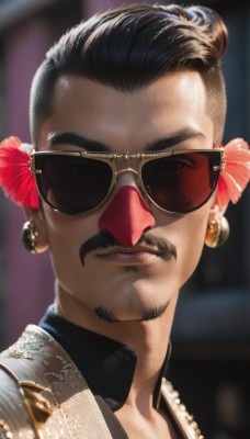 solo,looking at viewer,shirt,black hair,hair ornament,1boy,brown eyes,jewelry,flower,male focus,earrings,collared shirt,hair flower,hair bun,blurry,lips,blurry background,facial hair,sunglasses,thick eyebrows,red flower,portrait,beard,realistic,nose,mustache,hibiscus,dark skin,necklace