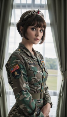 1girl,solo,looking at viewer,short hair,bangs,brown hair,black hair,long sleeves,brown eyes,jewelry,earrings,day,belt,indoors,blurry,uniform,black eyes,lips,military,window,military uniform,tiara,curtains,pocket,realistic,nose,camouflage,military jacket,soldier,camouflage jacket,breasts,jacket,crown,emblem,updo