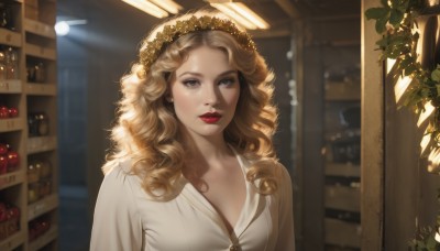 1girl,solo,long hair,breasts,looking at viewer,blue eyes,blonde hair,shirt,hair ornament,dress,cleavage,upper body,small breasts,parted lips,food,indoors,white dress,blurry,lips,grey eyes,eyelashes,window,makeup,fruit,wavy hair,plant,lipstick,curly hair,realistic,red lips,head wreath,shelf,laurel crown,brown hair,brown eyes,white shirt,halo,sunlight,light