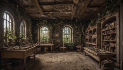 day,indoors,signature,book,no humans,window,chair,table,sunlight,plant,scenery,wooden floor,bookshelf,potted plant,ruins,vines,shelf,overgrown,desk