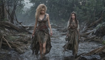 long hair,breasts,multiple girls,blonde hair,brown hair,black hair,dress,2girls,cleavage,bare shoulders,jewelry,medium breasts,closed mouth,standing,weapon,outdoors,barefoot,sword,water,necklace,tree,lips,wet,torn clothes,bare arms,wet clothes,nature,wading,forest,walking,rain,realistic,arms at sides,looking at viewer,black dress,dirty,dirty feet