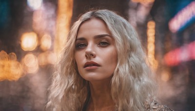 1girl,solo,long hair,looking at viewer,blonde hair,white hair,parted lips,teeth,blurry,lips,grey eyes,depth of field,blurry background,wavy hair,portrait,freckles,realistic,nose,bokeh,blue eyes,artist name,signature,eyelashes,close-up