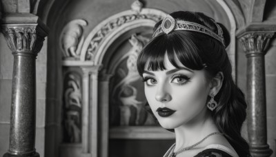 1girl,solo,long hair,looking at viewer,bangs,jewelry,closed mouth,monochrome,greyscale,earrings,necklace,blurry,lips,looking to the side,eyelashes,makeup,tiara,lipstick,portrait,realistic,pillar,arch,nose,column