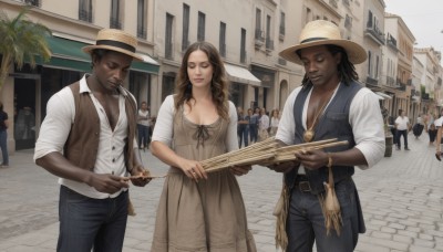 long hair,breasts,smile,multiple girls,brown hair,shirt,black hair,long sleeves,hat,dress,holding,2girls,cleavage,jewelry,medium breasts,closed mouth,collarbone,closed eyes,white shirt,earrings,outdoors,multiple boys,day,collared shirt,belt,pants,dark skin,medium hair,necklace,white dress,looking at another,vest,bracelet,dark-skinned female,tree,lips,dress shirt,buttons,facial hair,umbrella,black pants,dark-skinned male,ring,denim,building,instrument,child,beard,sleeves rolled up,walking,6+boys,sun hat,cigarette,jeans,city,realistic,music,brown headwear,straw hat,smoking,brown belt,road,playing instrument,street,brown vest,crowd,very dark skin,town,pavement,1girl,standing,bag,watch,unbuttoned,wristwatch,partially unbuttoned,cowboy hat,cigar,cowboy western