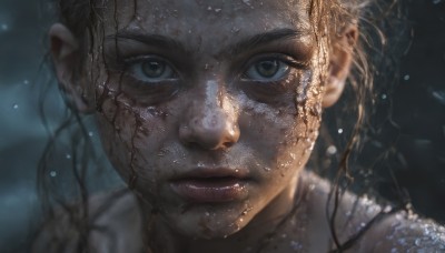 1girl,solo,long hair,looking at viewer,brown hair,black hair,brown eyes,closed mouth,water,blurry,lips,wet,grey eyes,depth of field,blurry background,portrait,close-up,freckles,realistic,nose,wet hair,eyelashes,dirty,dirty face,cracked skin